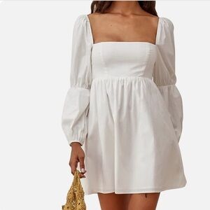 Exlura White Mini Square Neck Puff Sleeve Dress